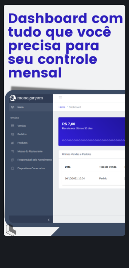 Imagem contendo o seguinte texto: 'Dashboard com tudo que você precisa para seu controle mensal'. Embaixo do texto, encontra-se uma captura de tela do sistema da MonoGarçom, mostrando o Dashboard com o nome de algumas abas do sistema, sendo elas: Vendas, Pedidos, Produtos, Mesa do Restaurante, Responsável pelo Atendimento e Dispositivos Conectados.